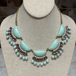 Unusual flashy necklace, sea green cabochons with imitation pearls, rhinestones